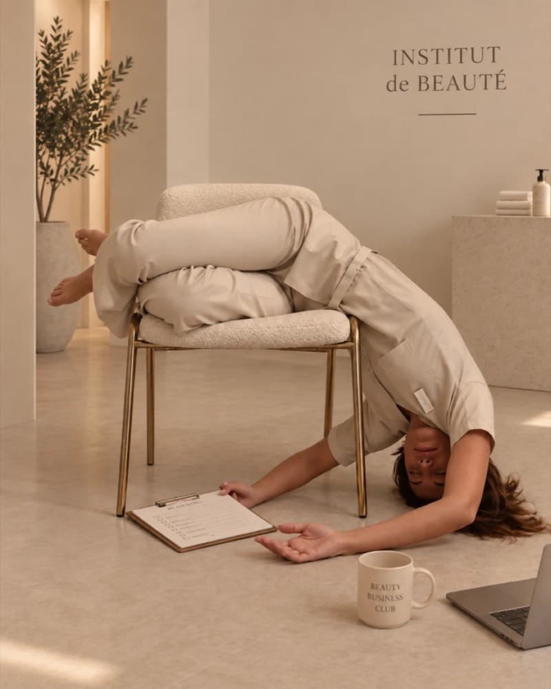 Esthéticienne en tenue beige, renversée sur une chaise dans un institut de beauté