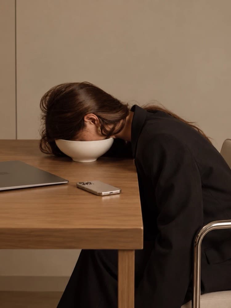 Femme la tête posée dans un bol sur une table, ordinateur et téléphone à côté