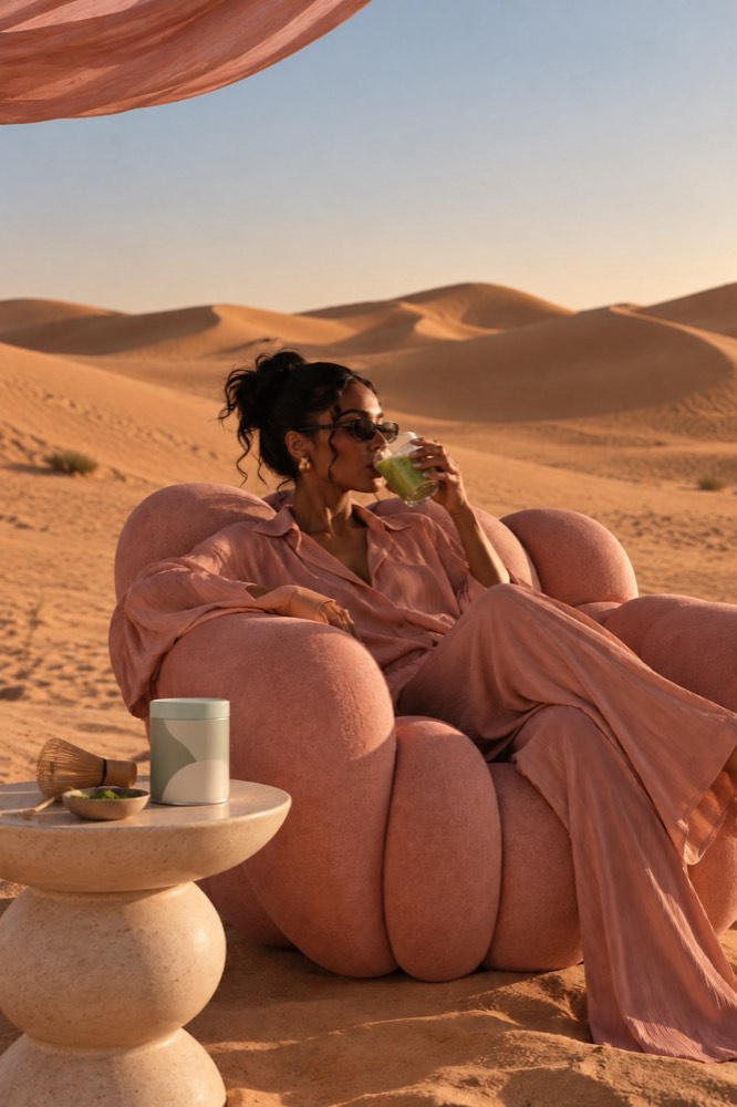 Rituel matcha dans le désert, univers marque lifestyle