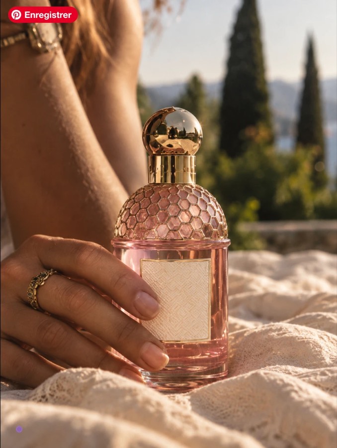 Flacon de parfum rose tenu à la main, décor méditerranéen